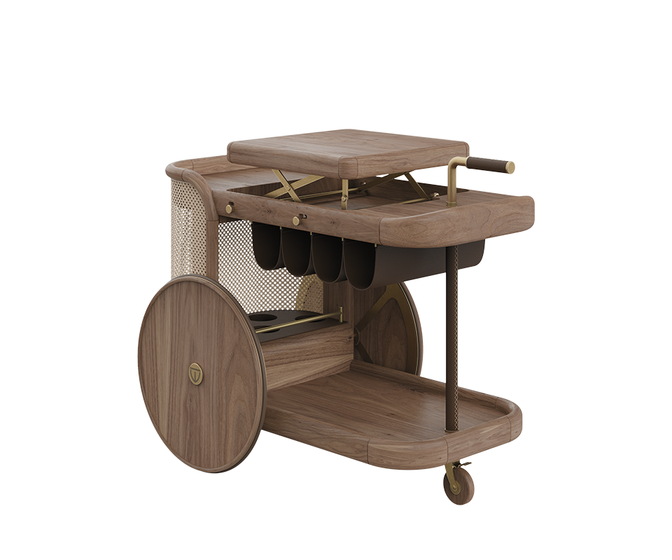 Brinsley Bar Cart Brinsley Bar Cart with the tray elevated, crafted in walnut wood and natural rattan.
