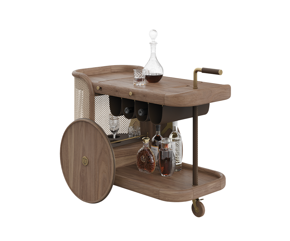 Brinsley Bar Cart in warm walnut wood and natural rattan, gently holding an arrangement of drinks atop, inviting a moment of quiet elegance.