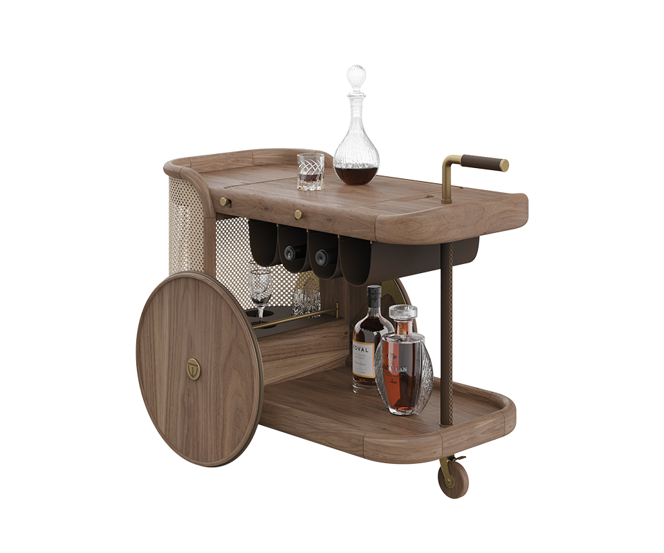 Brinsley Bar Cart Brinsley Bar Cart in warm walnut wood and natural rattan, gently holding an arrangement of drinks atop, inviting a moment of quiet elegance.
