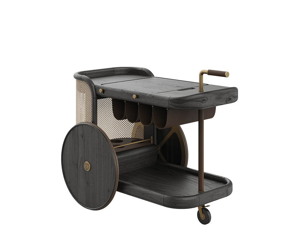 Brinsley Bar Cart Brinsley Bar Cart at a 45° angle in black stained ashwood, highlighting the rattan weave, wooden frame, leather section for hanging bottles, and wooden wheels, showcasing craftsmanship, textures, and material harmony.