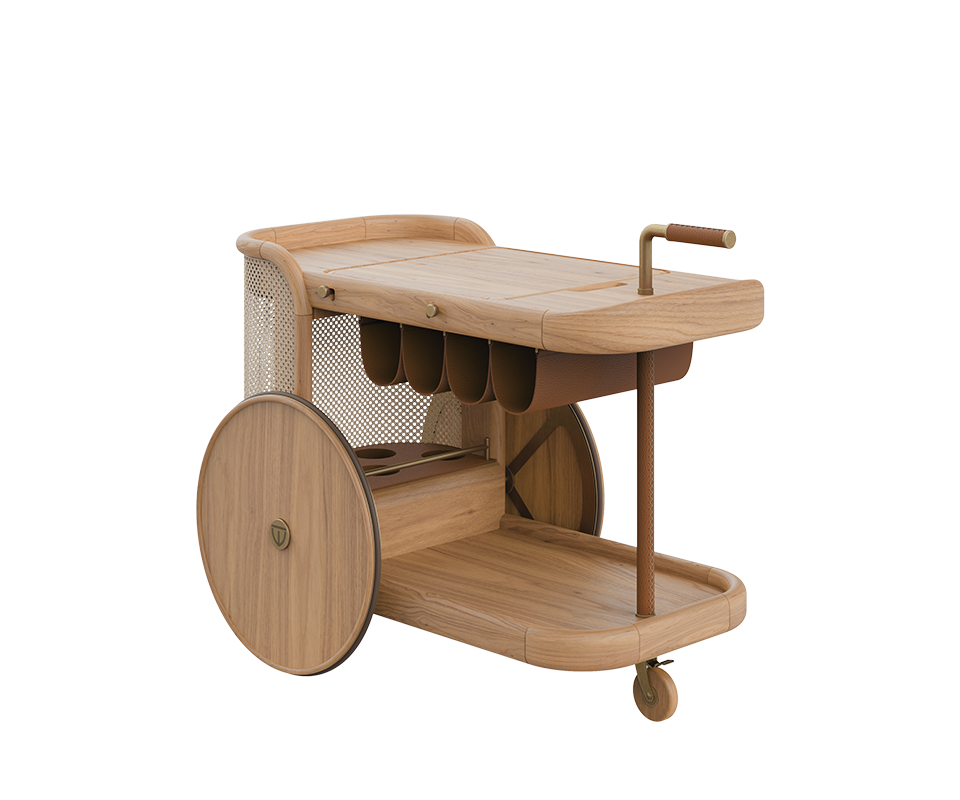 Brinsley Bar Cart Brinsley Bar Cart at a 45° angle in natural oak, highlighting the rattan weave, wooden frame, leather section for hanging bottles, and wooden wheels, showcasing craftsmanship, textures, and material harmony.