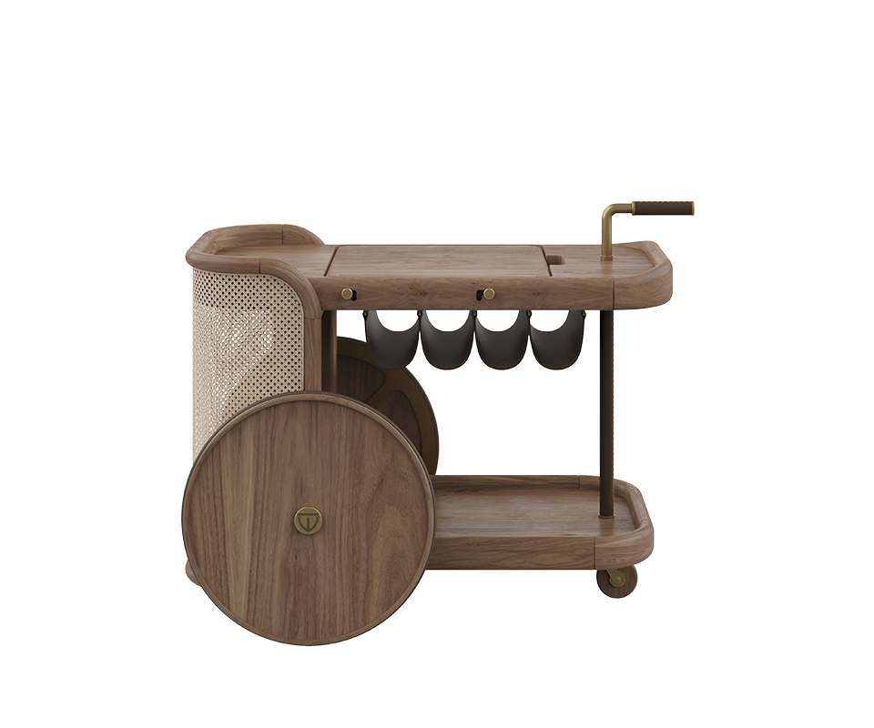 Brinsley Bar Cart Side view of the Brinsley Bar Cart in walnut wood and natural rattan, highlighting a leather section designed for hanging bottles, showcasing its elegant craftsmanship and material contrast.