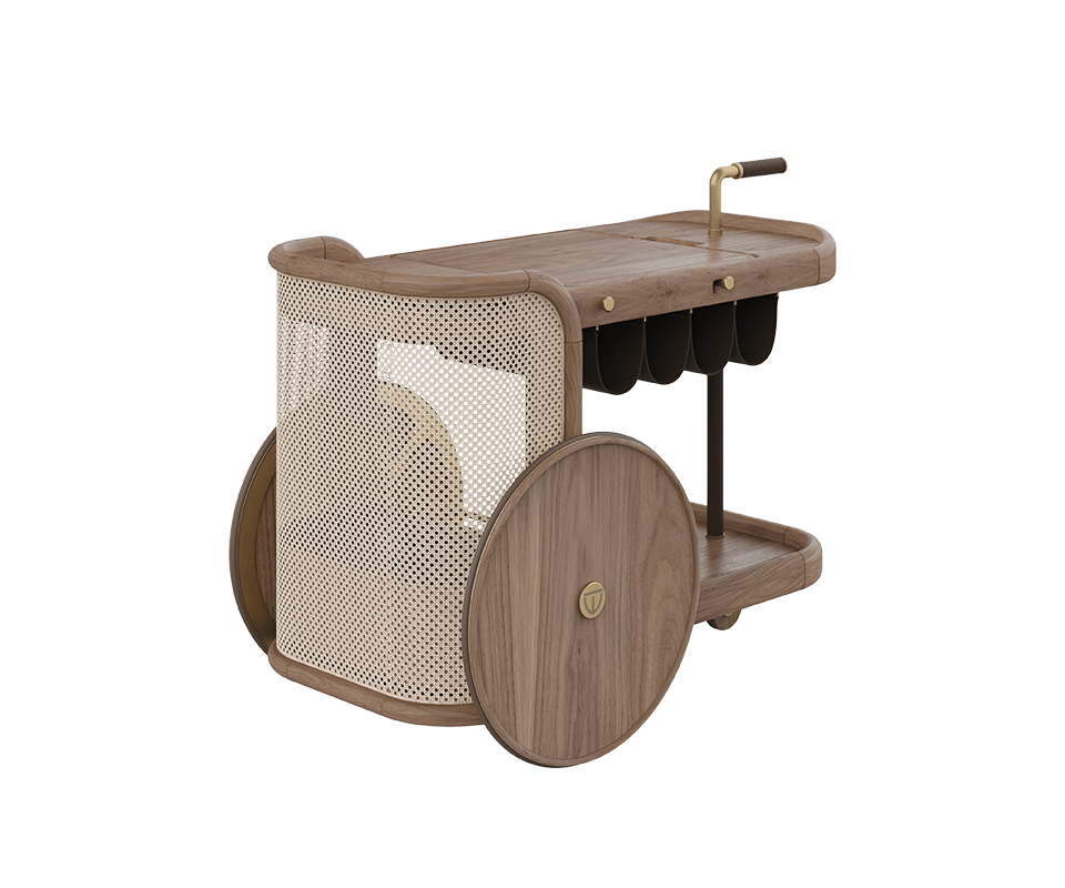 Brinsley Bar Cart Rear view of the Brinsley Bar Cart, emphasizing the natural rattan weave and wheels, with walnut wood framing highlighting its craftsmanship and mobility.