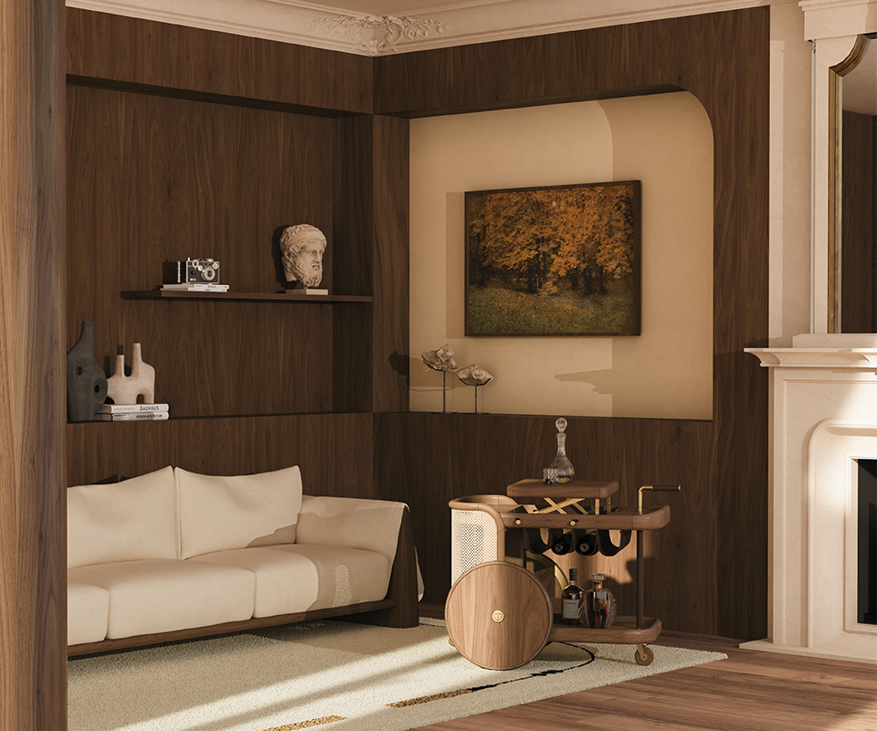 Brinsley Bar Cart Brinsley Bar Cart, Wood Tailors' New Icon in a living room setting, made of walnut wood and rattan, placed next to a Dudley sofa upholstered in white with smoked walnut wood accents. The room is softly lit by natural light from a window, highlighting the wooden walls and ceiling plaster décor.”