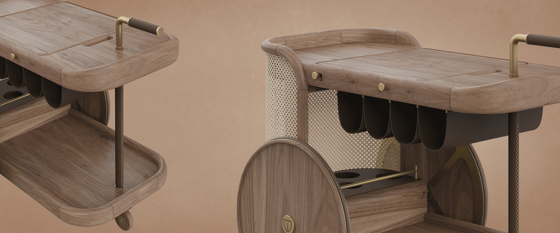 Brinsley Bar Cart Two close-up views of the Brinsley Bar Cart, focusing on the handle for easy transport, the leather section designed for hanging bottles, and the detailed wooden frame, highlighting craftsmanship, textures, and material contrasts.