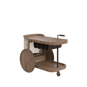 Brinsley Bar Cart with the tray down, crafted in walnut wood and natural rattan.