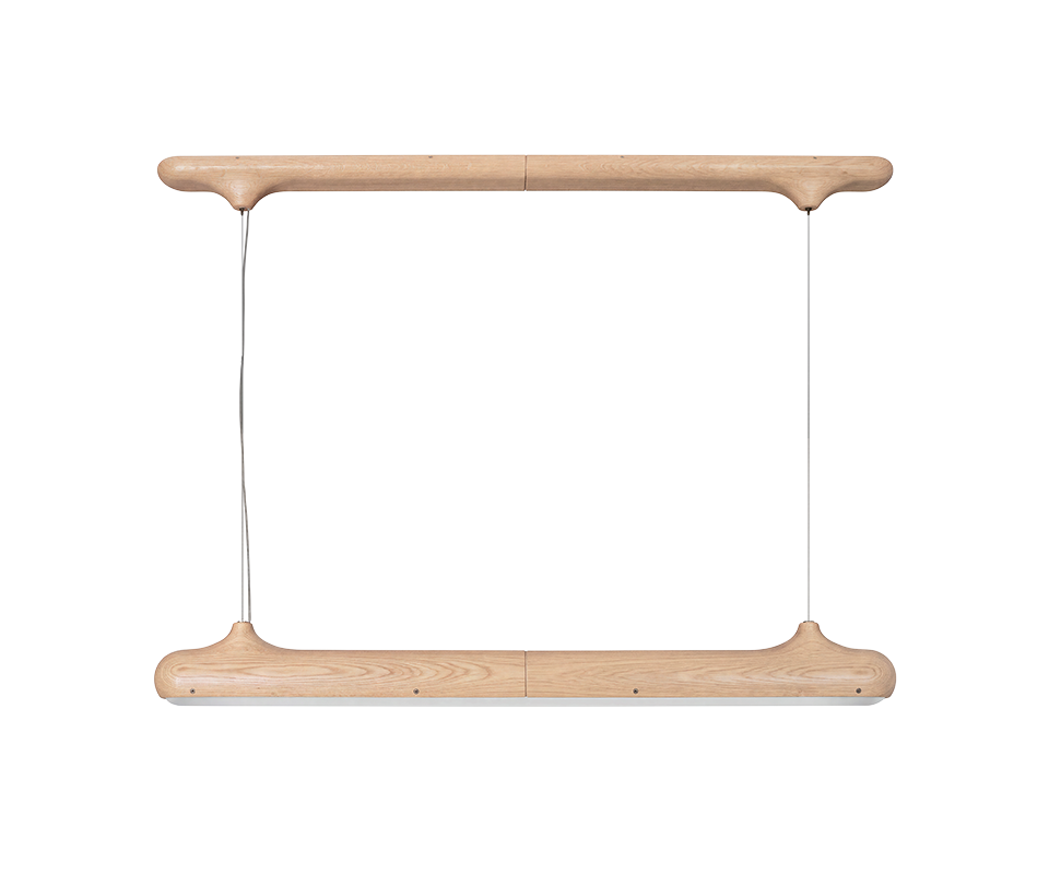 Bruce Suspension Lamp Front view of the Bruce suspension lamp by Wood Tailors Club in a light natural oak finish. A horizontal wooden canopy bar is suspended parallel above a linear luminaire with a white diffuser on its underside, connected by two thin cables at the tapered end fittings.