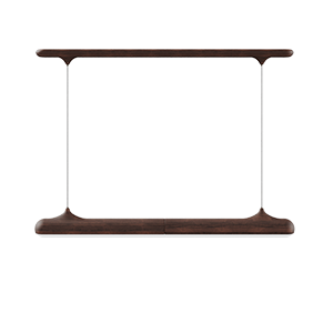 A minimalist Bruce suspension lamp featuring a sleek, linear design. The fixture consists of a slim horizontal bar with rounded ends, crafted from dark, textured wood with a smooth matte finish. It is suspended by two thin vertical cables connected to a matching wooden ceiling canopy. The overall aesthetic is modern and organic, showcased against a clean, white background.