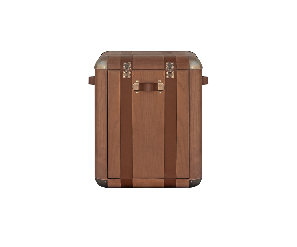 Front view of the Burke chair featuring a walnut wood structure, saddle leather details, and aged brushed brass accents.