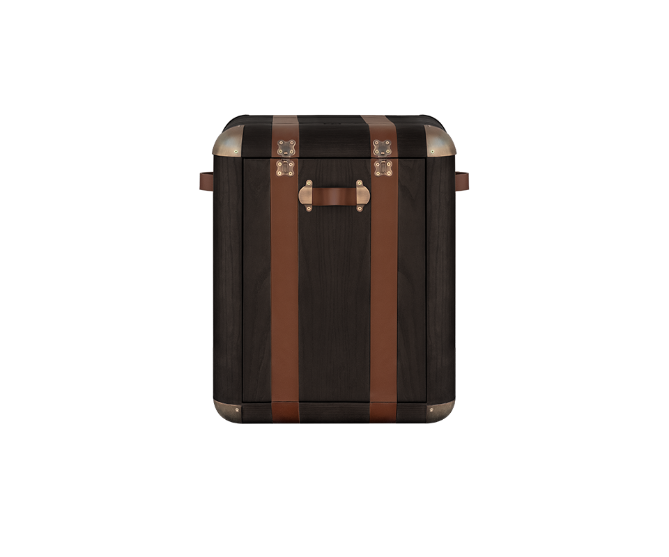 Front view of the Burke chair featuring a black sained ashwood structure, saddle leather details, and aged brushed brass accents.