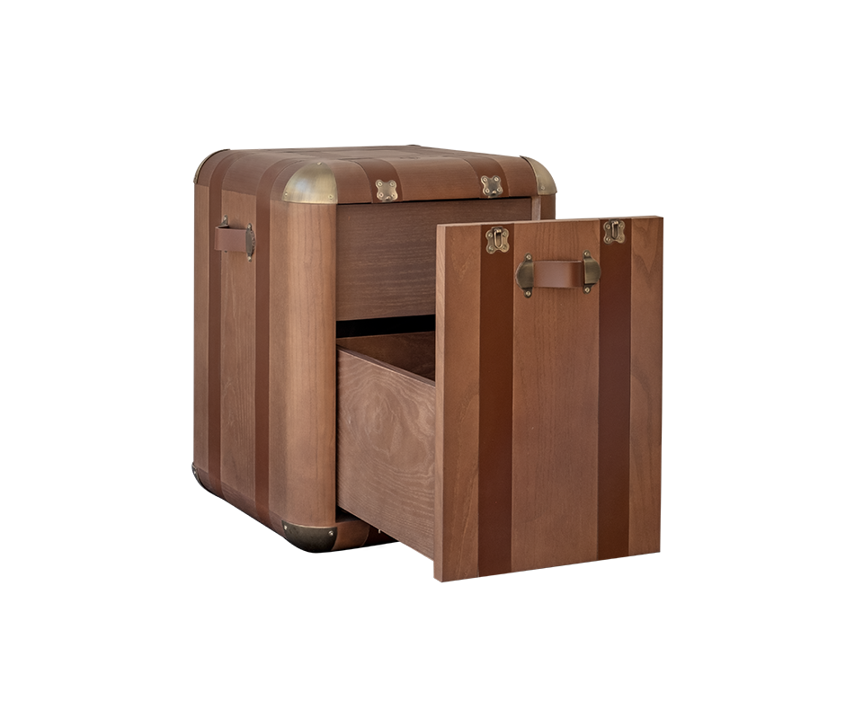 45º front view of the Burke chair featuring a walnut wood structure, saddle leather details, and aged brushed brass accents, with the bottom drawer opened.