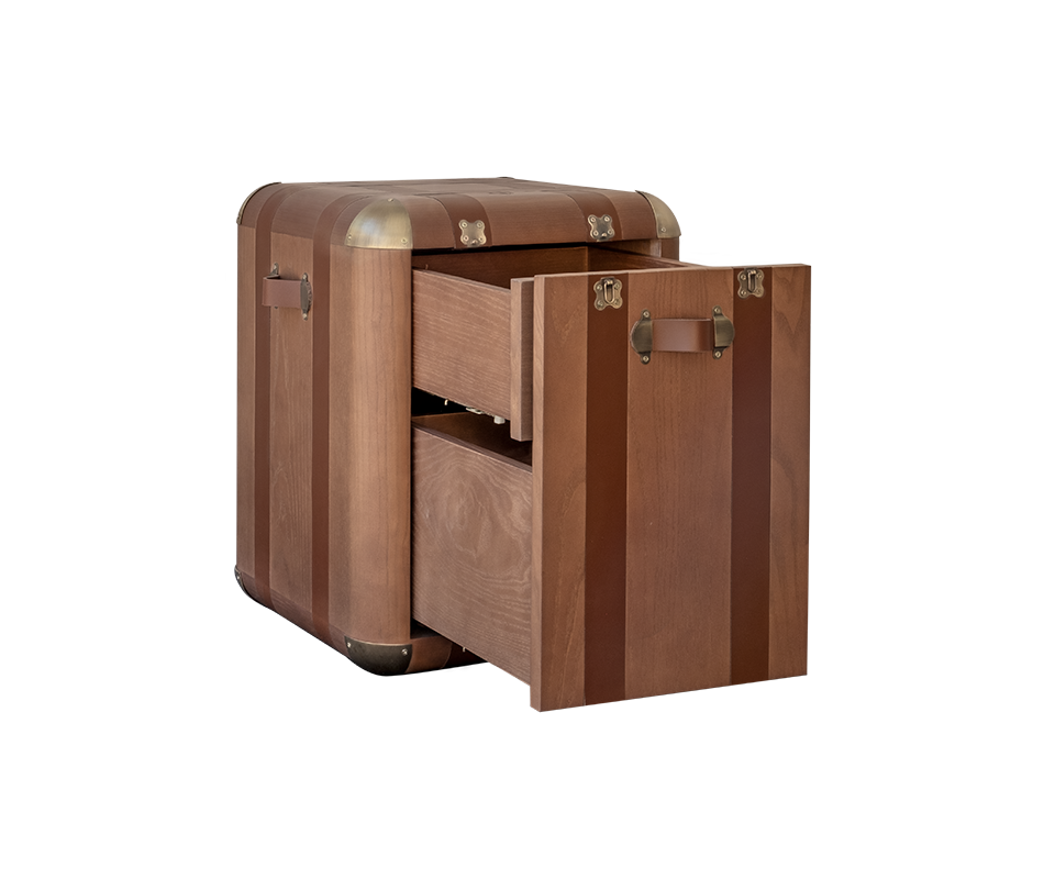 45º front view of the Burke chair featuring a walnut wood structure, saddle leather details, and aged brushed brass accents, with both drawers open.