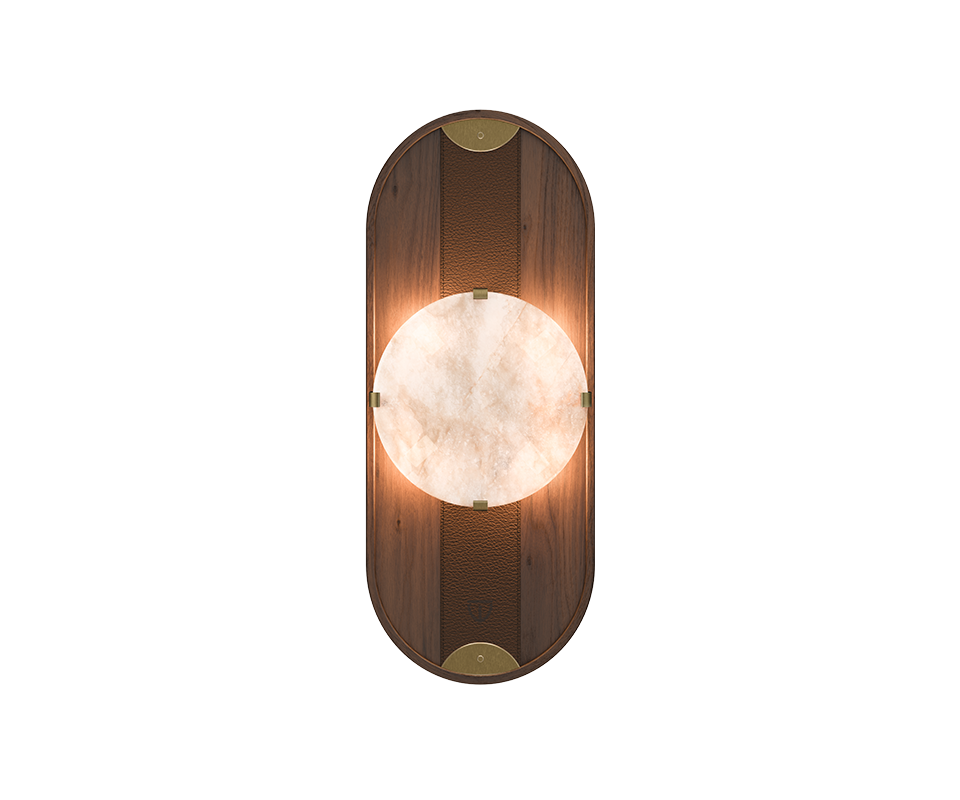 Cavendish Wall Lamp Cavendish Wall Lamp, front view, with the light turned on. Crafted from smoked walnut wood and alabaster, framed in a gentle oval silhouette with aged brushed brass accents, showcasing the lamp’s refined materials and elegant design.