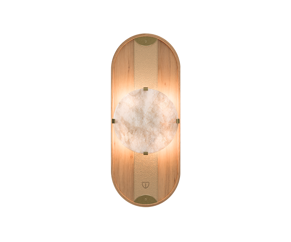 Cavendish Wall Lamp Cavendish Wall Lamp in oak, front view, with the light turned on. Alabaster softly diffuses a warm glow through its natural veins, framed by a gentle oval silhouette with aged brushed brass accents, highlighting the refined craftsmanship and elegant materials.