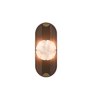 Cavendish Wall Lamp, front view, with the light turned on. Crafted from smoked walnut wood and alabaster, framed in a gentle oval silhouette with aged brushed brass accents, showcasing the lamp’s refined materials and elegant design.