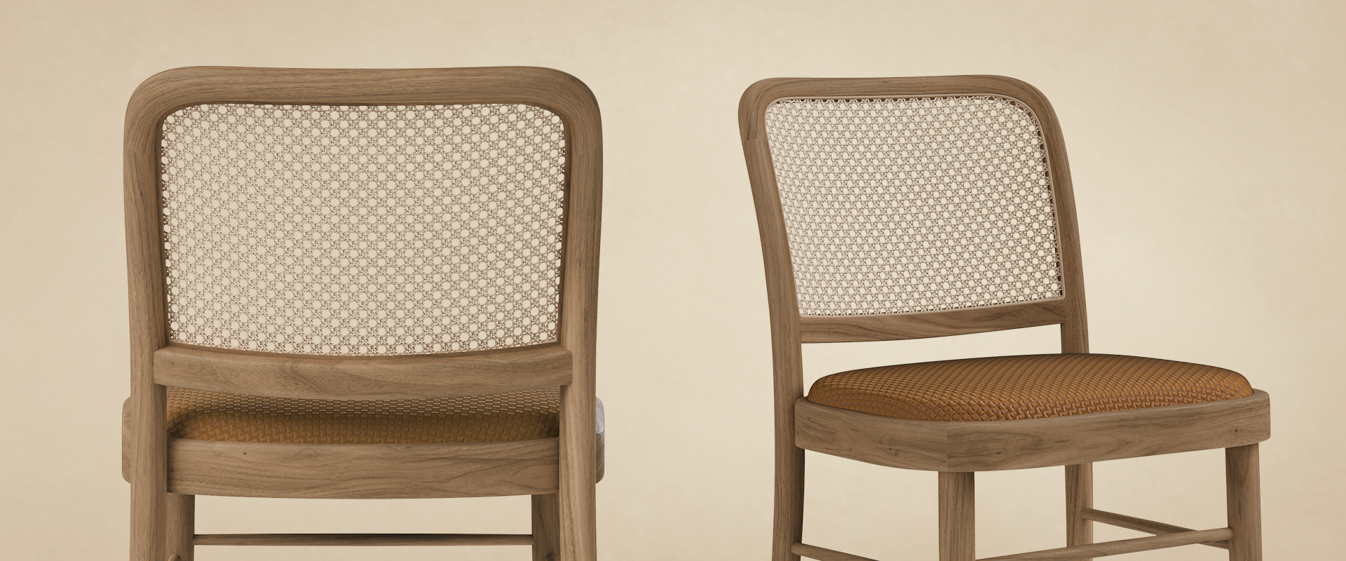Charles I Dining Chair Close-up detail of two Charles I Dining Chairs highlighting the intricate hand-woven natural rattan backrest craftsmanship and textured braided leather seating.