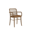 Front three-quarter view of the Charles II Dining Chair by Wood Tailors Club with a light oak wooden frame, natural woven rattan backrest, integrated curved armrests.