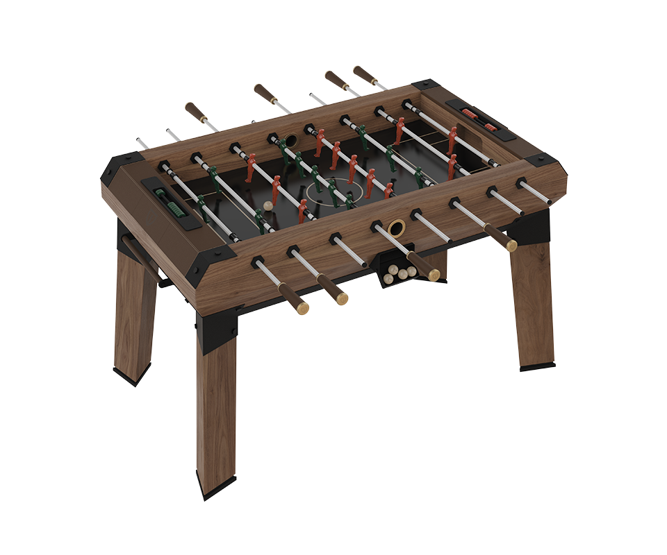 Chesterfield Foosball Table High-angle view of the Chesterfield Foosball Table crafted from walnut wood, showcasing the black lacquered playing field, red and green steel players, and manual scoring counters.