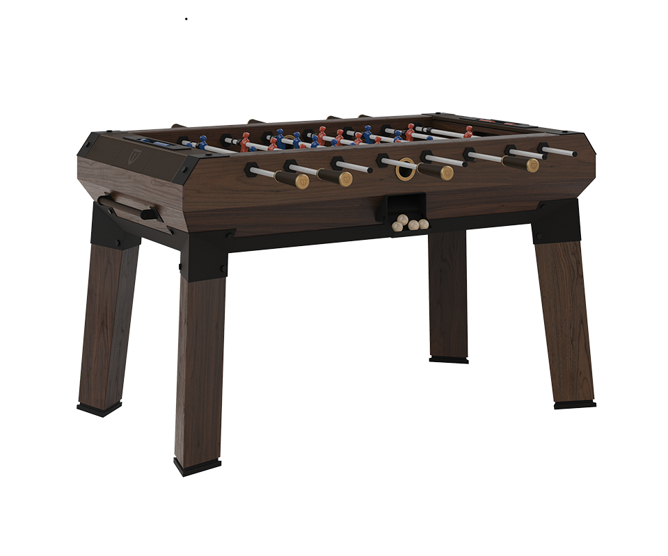 Chesterfield Foosball Table Chesterfield Foosball Table crafted from smoked walnut wood and black powder-coated stainless steel, featuring brushed aged brass handles, leather details, and contemporary lacquered steel players.