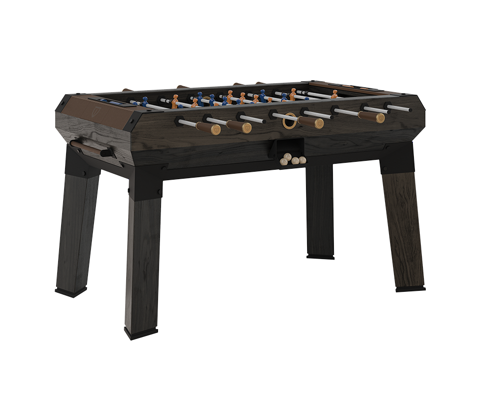 Chesterfield Foosball Table Chesterfield Foosball Table crafted from black stained ashwood and black powder-coated stainless steel, featuring brushed aged brass handles, leather details, and contemporary lacquered steel players.