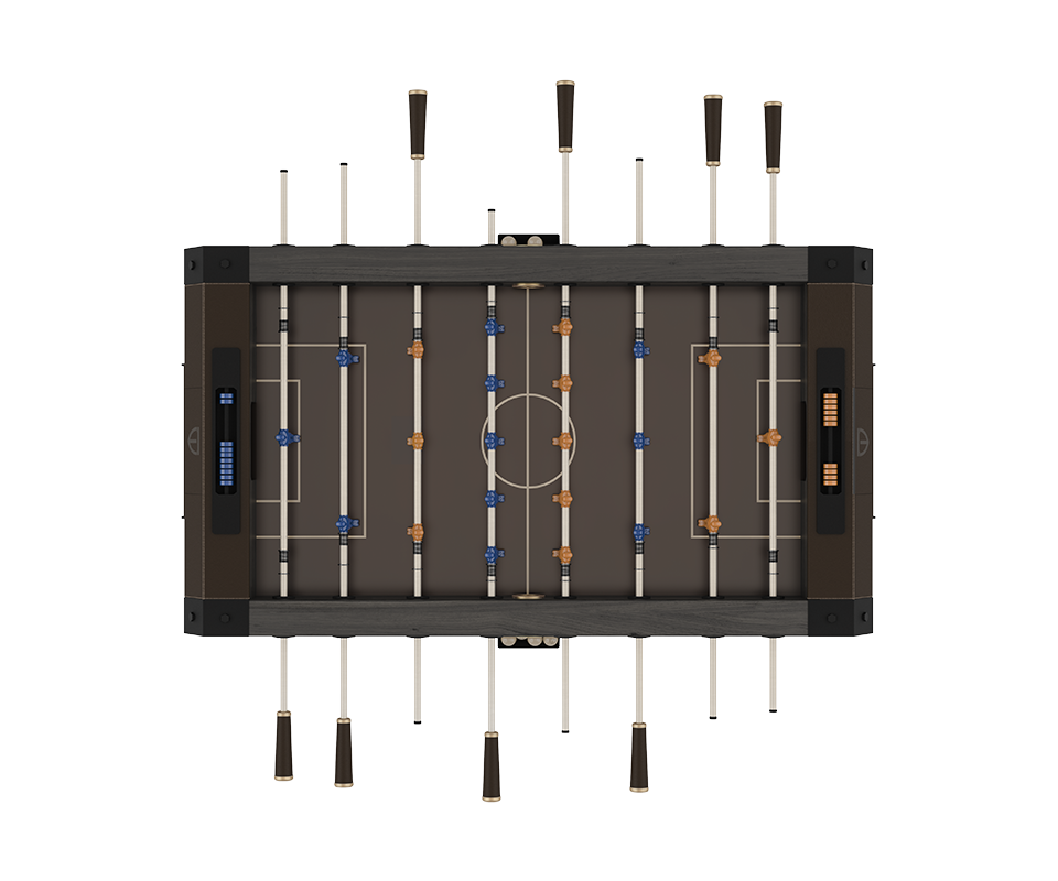 Chesterfield Foosball Table Direct top-down view of the Chesterfield Foosball Table, highlighting the symmetrical player formation on the black pitch and the refined black stained ashwood and leather frame details.