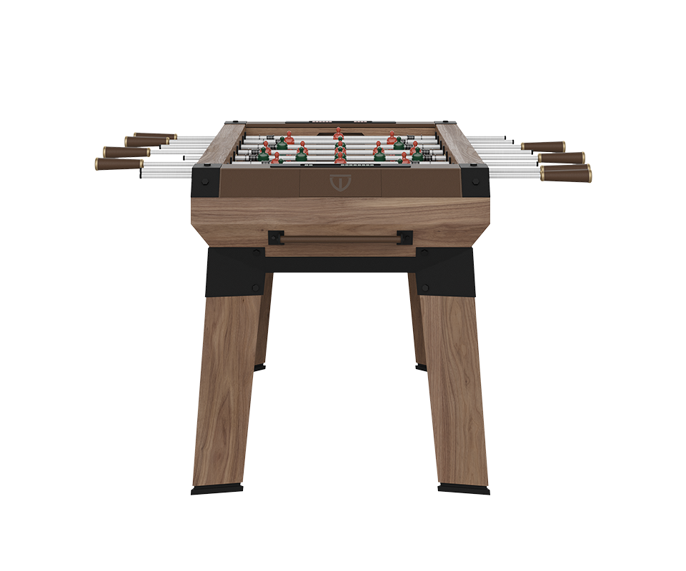 Chesterfield Foosball Table Front view of the Chesterfield Foosball Table featuring a leather-upholstered panel with the Wood Tailors Club emblem, sturdy walnut wood legs with black steel joints, and extending chrome playing rods.