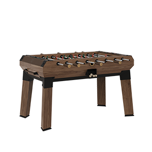 Chesterfield Foosball Table crafted from walnut wood and black powder-coated stainless steel, featuring brushed aged brass handles, leather details, and contemporary lacquered steel players.