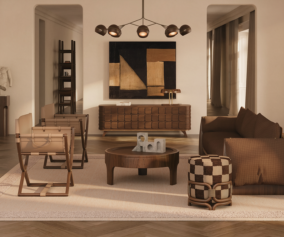 A warm, sophisticated living room interior featuring handcrafted wooden furniture by Wood Tailors Club. The Fleming Suspension Lamp, with its dark wood spherical shades, hangs above a textured abstract painting and Elliott sideboard a mid-century modern sideboard with a carved geometric facade. In the foreground, the churchill low round center table sits on a cream rug, flanked by two leather Korda folding chairs, the dudley sofa in chocolate brown and a brown checkered Stefan ottoman. The room is bathed in soft, golden hour sunlight, highlighting the rich wood grains and neutral earth tones.