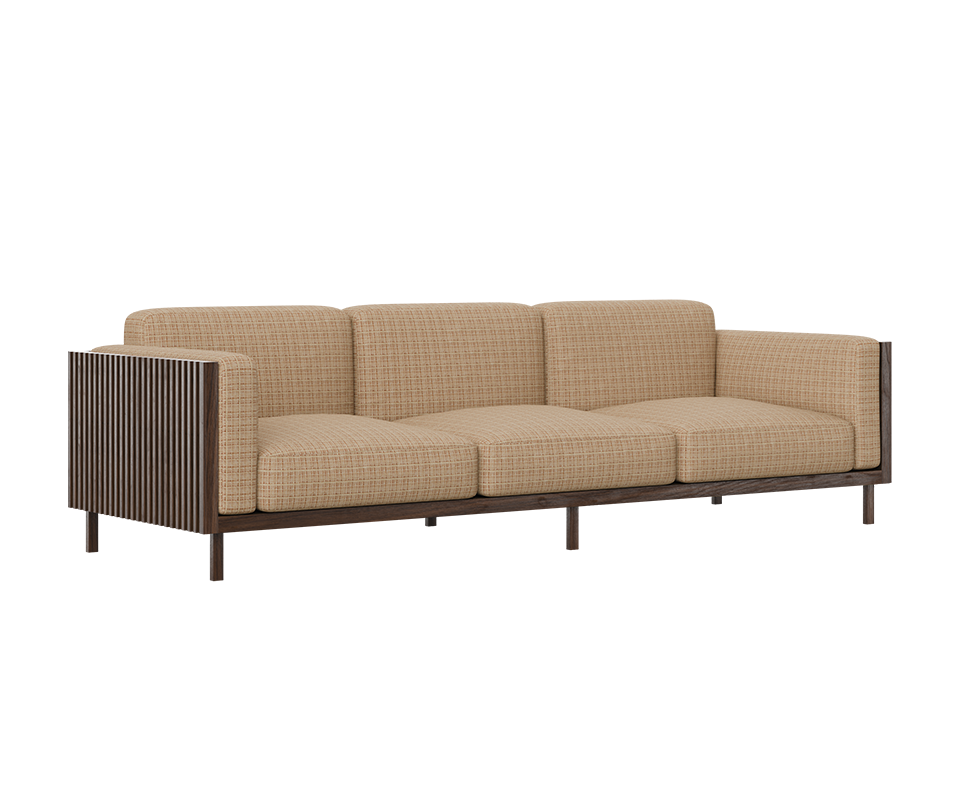 Conway Sofa 45-degree front view of the Conway sofa, featuring a smoked walnut wood frame and weave fabric upholstery.