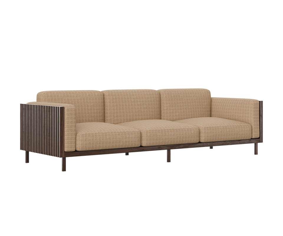Conway Sofa 45-degree front view of the Conway sofa, featuring a smoked walnut wood frame and weave fabric upholstery.