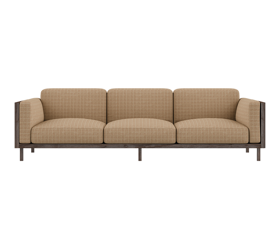 Front view of the Conway sofa, featuring a smoked walnut wood structure and weave fabric upholstery.