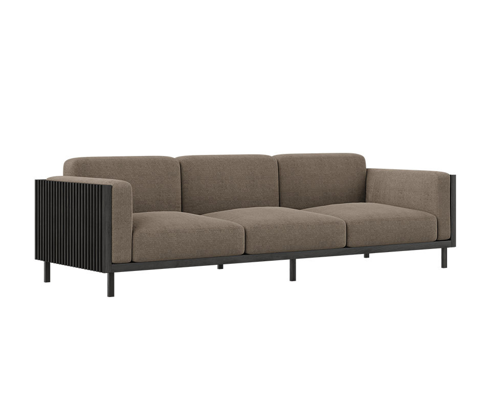 45-degree front view of the Conway sofa, featuring a black stained ashwood frame and weave fabric upholstery.