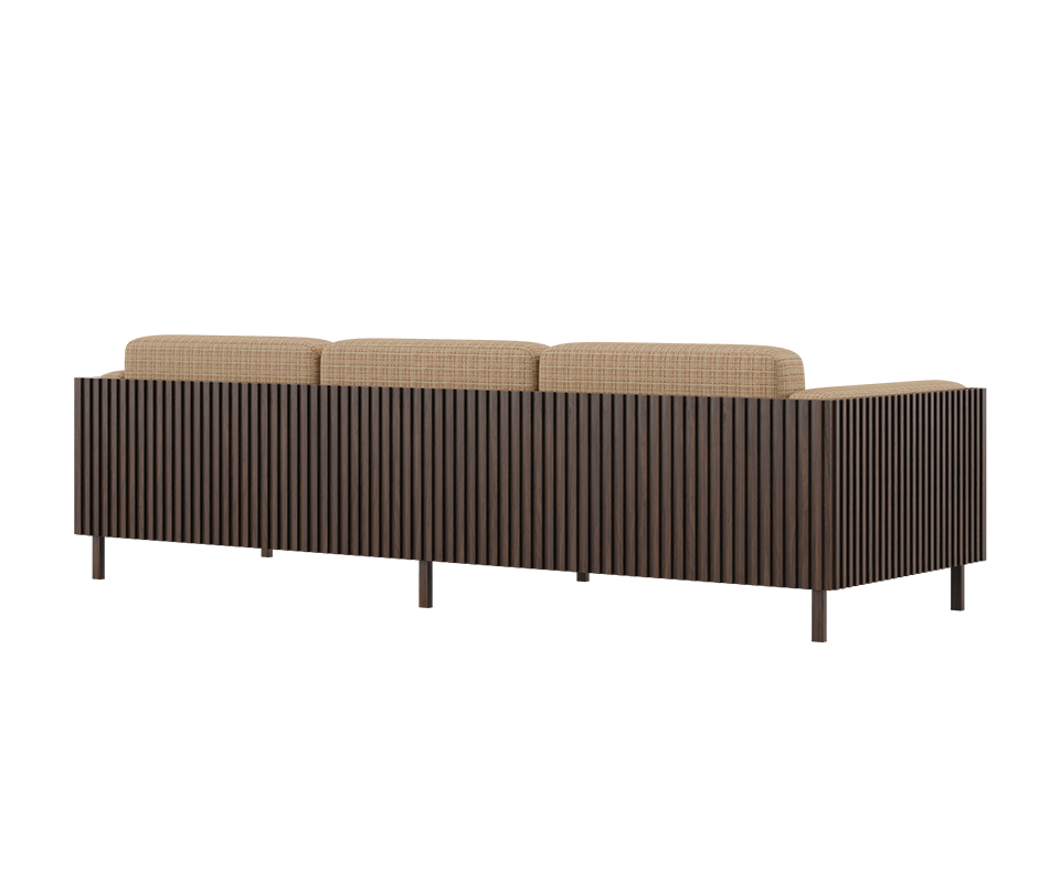 45-degree back view of the Conway sofa, featuring a smoked walnut wood frame and weave fabric upholstery.