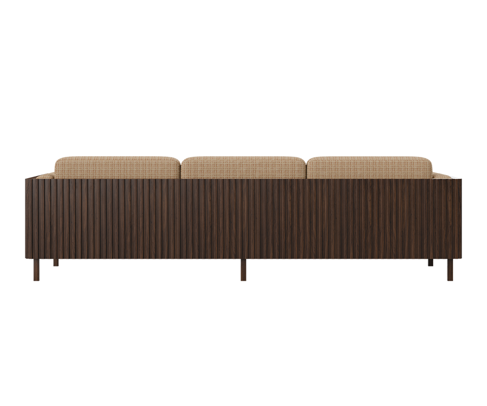 Back view of the Conway sofa, featuring a smoked walnut wood frame and weave fabric upholstery.