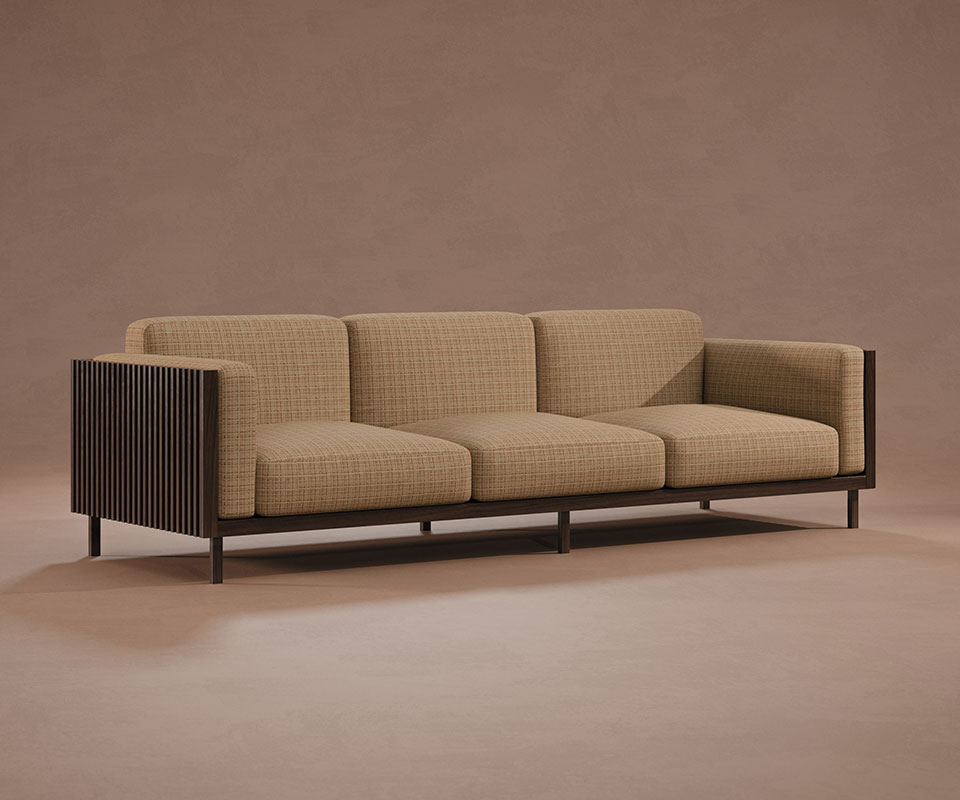 Conway Sofa 45-degree front view of the Conway sofa, featuring a smoked walnut wood frame and weave fabric upholstery by Nobilis set against a brown background.