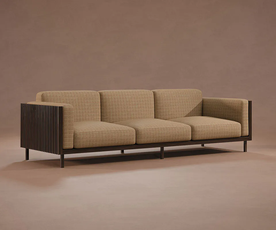 Conway Sofa 45-degree front view of the Conway sofa, featuring a smoked walnut wood frame and weave fabric upholstery by Nobilis set against a brown background.