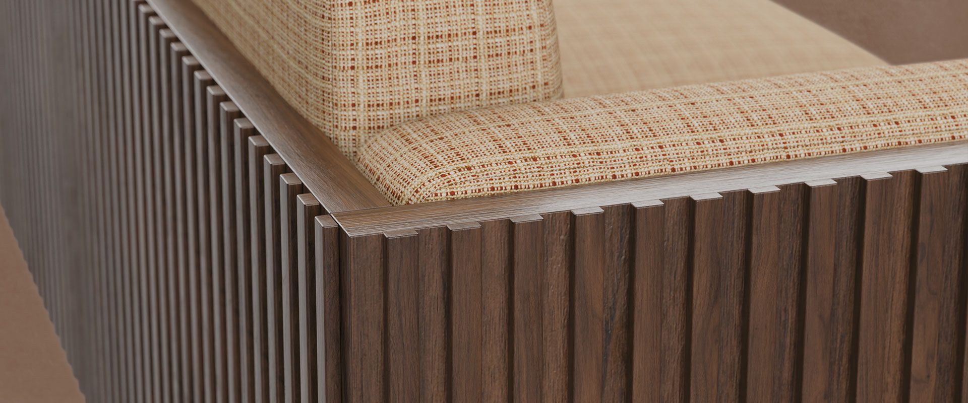 Conway Sofa Close-up of the Conway sofa, highlighting the smoked walnut wood structure and Nobilis weave fabric upholstery set against a brown background
