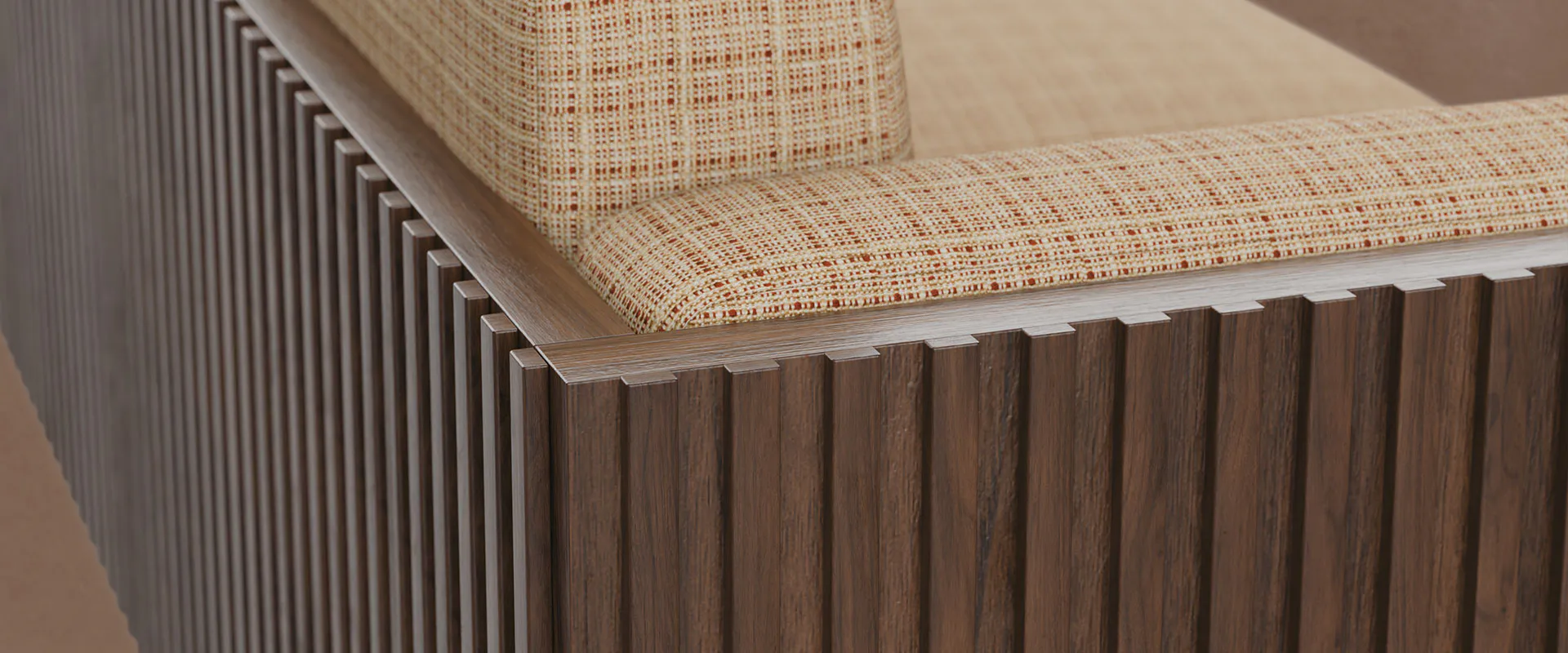 Conway Sofa Close-up of the Conway sofa, highlighting the smoked walnut wood structure and Nobilis weave fabric upholstery set against a brown background