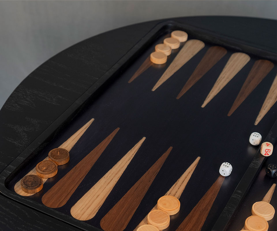 Crawford Backgammon Table table top in marquetry combining oak, smoked walnut and black stained ashwood.