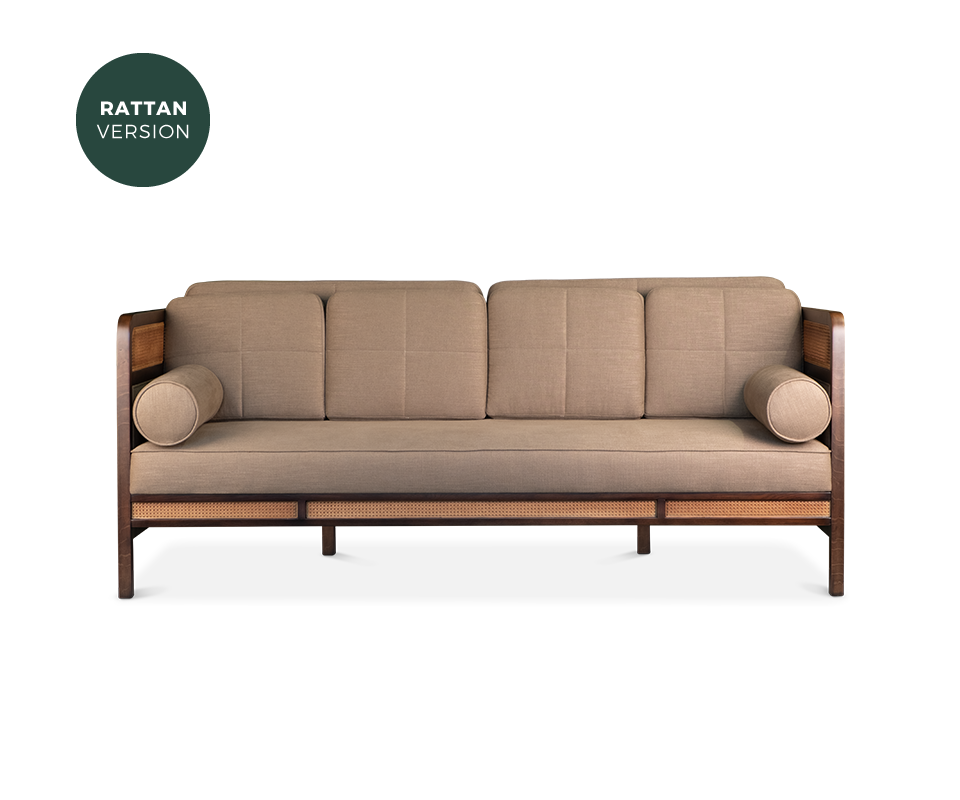 Crockford Sofa in walnut wood, ratan and linen