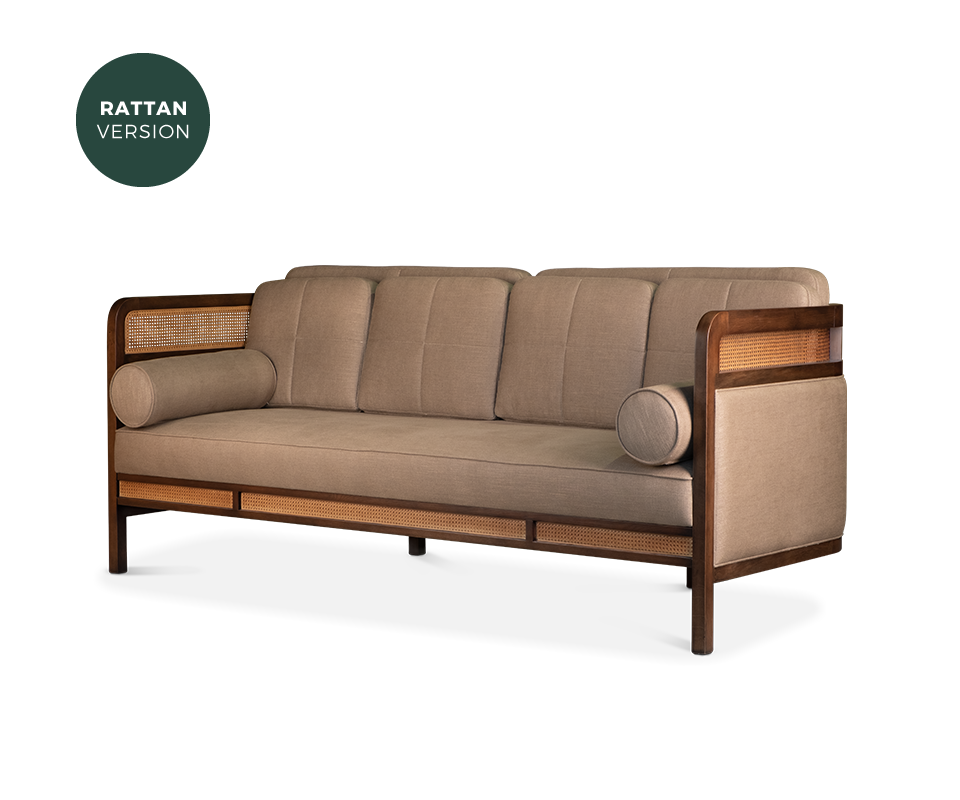 Crockford rattan sofa in walnut wood, ratan and linen