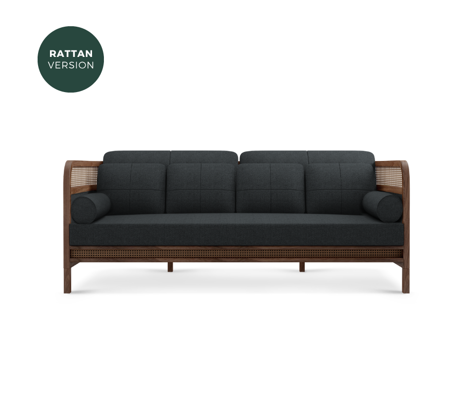 Crockford Sofa in walnut wood, ratan and black linen