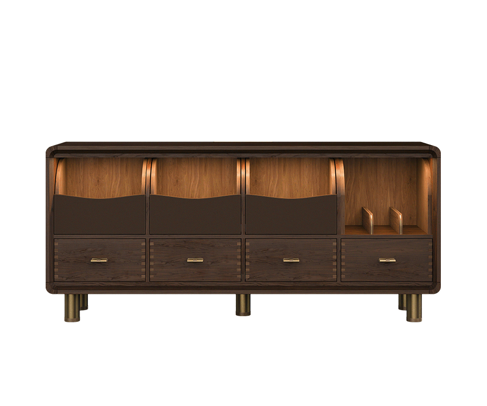 Edward Sideboard Front view of the Edward Sideboard by Wood Tailors Club featuring illuminated upper storage compartments, leather-accented holders, for audio, wooden drawers with brass handles, and brushed brass legs.