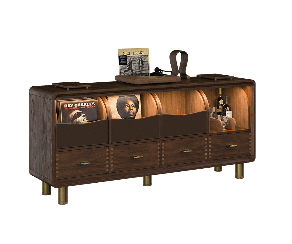 Edward Sideboard Three-quarter view of the Edward Sideboard by Wood Tailors Club crafted in dark stained smoked walnut, displaying vinyl storage compartments, drawers with brass hardware, and a turntable setup.