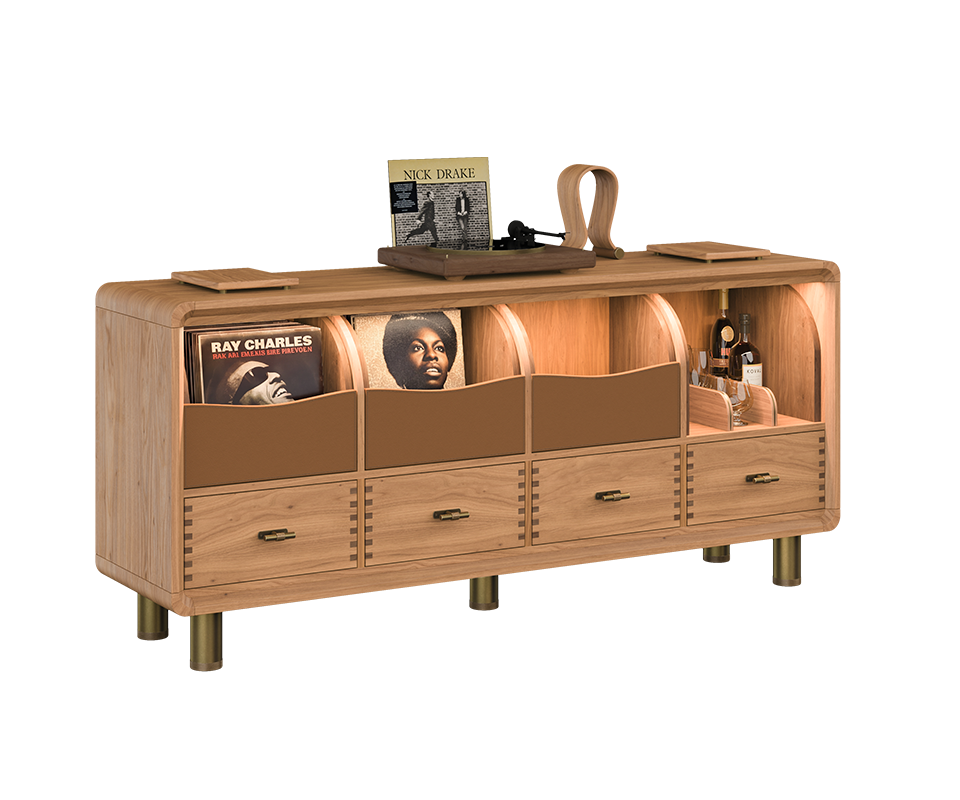Edward Sideboard Three-quarter view of the Edward Sideboard by Wood Tailors Club in a light natural wood finish, styled with vinyl records, a turntable on top, and warm internal LED illumination.