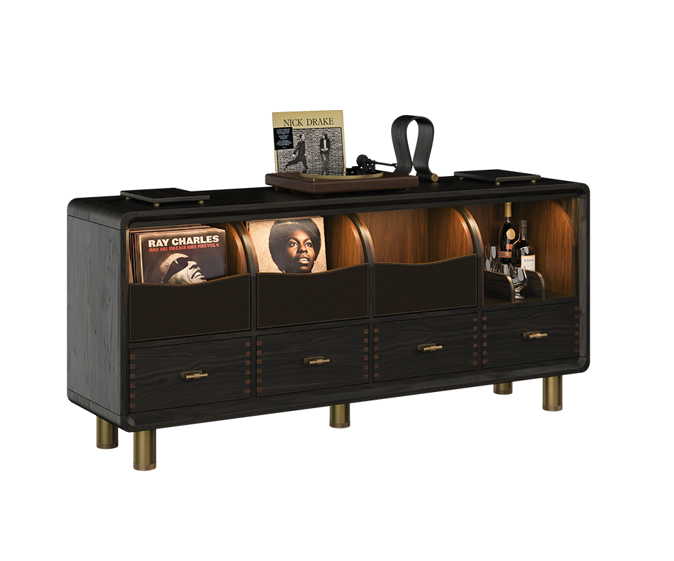 Edward Sideboard Angled view of the Edward Sideboard by Wood Tailors Club in dark walnut, styled as a vinyl music cabinet with record albums, a turntable, headphone holder, liquor bottles, and integrated shelf lighting.