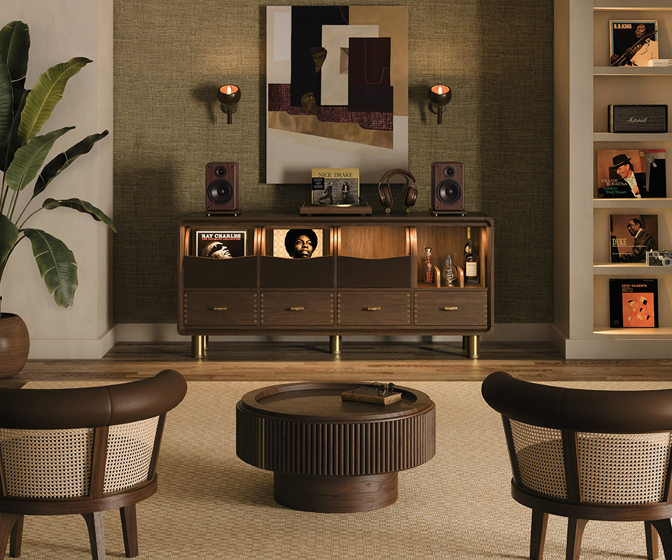 Edward Sideboard Luxurious contemporary music lounge featuring the handcrafted Edward Sideboard by Wood Tailors Club set against a textured wall, styled with audio equipment, vinyl records, and spirit bottles in an elegant interior with george armchairs and robert center table.