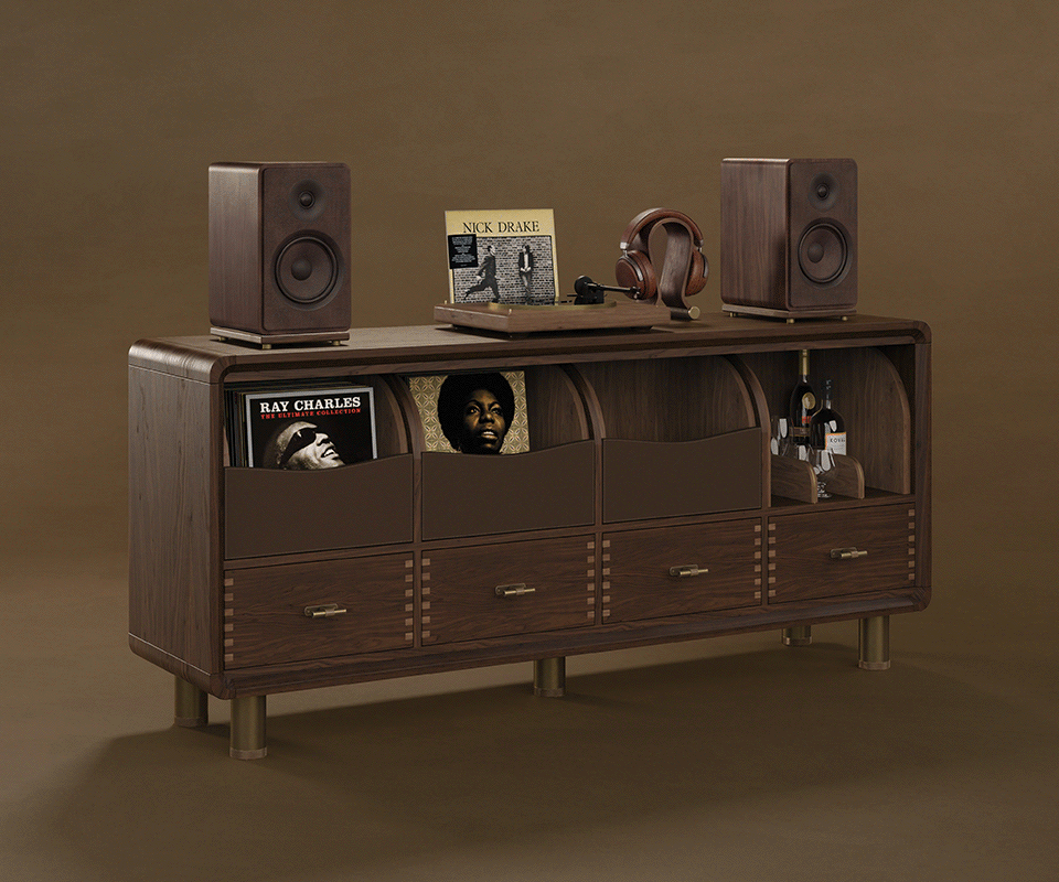 Edward Sideboard Handcrafted Edward Sideboard by Wood Tailors Club in walnut wood, featuring illuminated open compartments with vinyl records, spirits, and top-mounted audio speakers, turntable, and headphones.