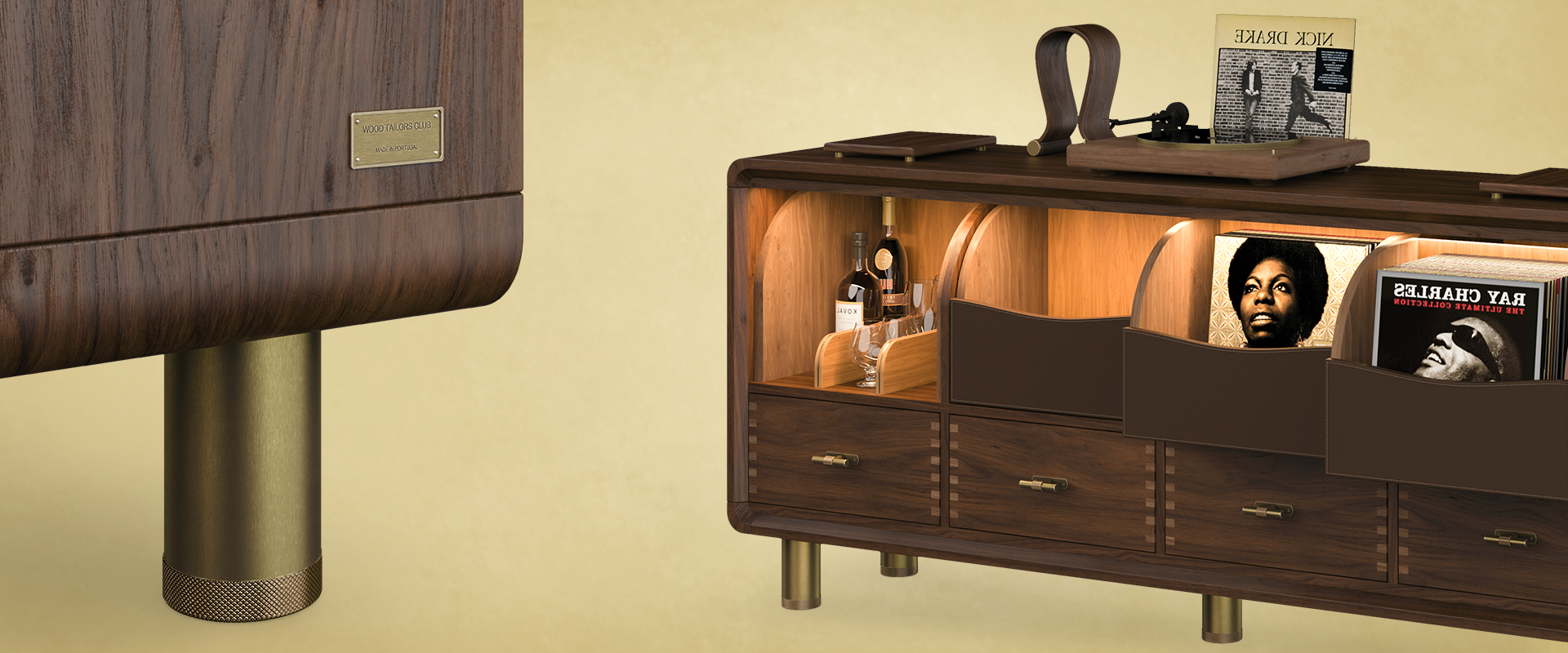 Edward Sideboard Split view showing a close-up of the solid wood construction, brass branding plate, and knurled brass leg of the Edward Sideboard on the left, alongside an angled view of the fully styled audio cabinet on the right.