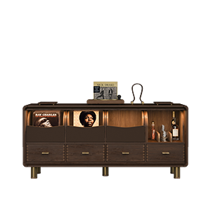 Front view of the Edward Sideboard by Wood Tailors Club featuring illuminated upper storage compartments, leather-accented holders, for audio, wooden drawers with brass handles, and brushed brass legs.